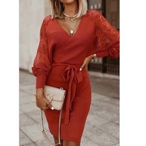 Estampados - Wine Lace-Sleeve Tie-Waist Surplice Sweater Dress - Women NWOT